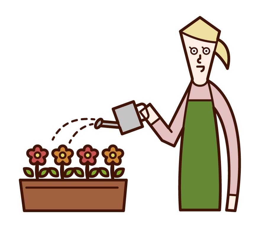 Illustration of a woman watering flowers