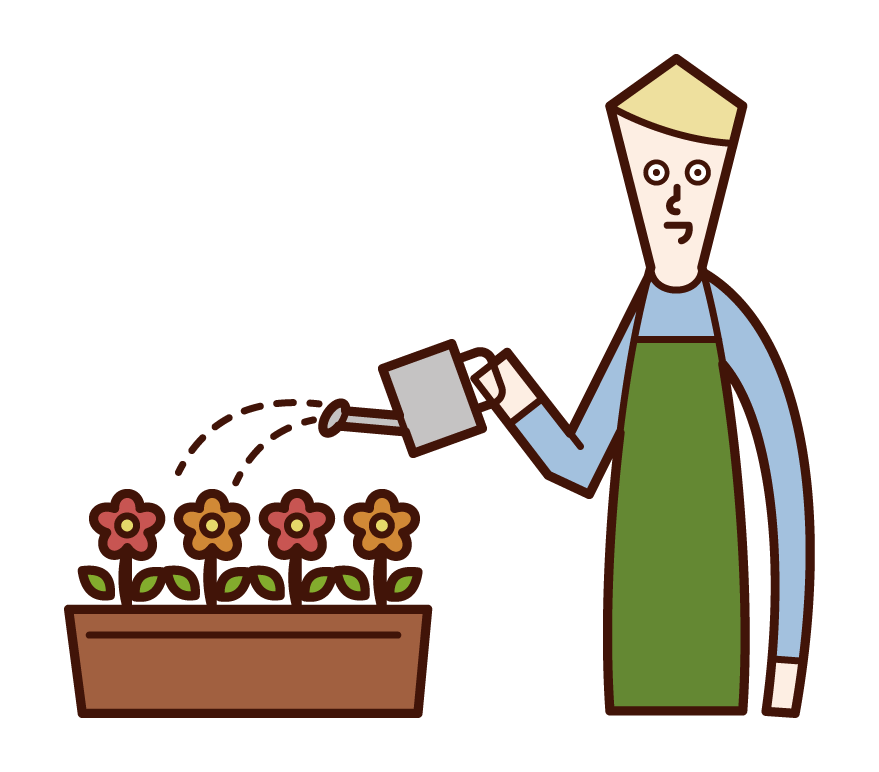 Illustration of a man watering flowers