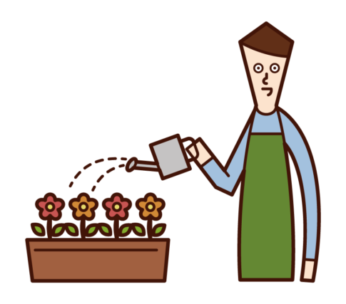 Illustration of a man watering flowers