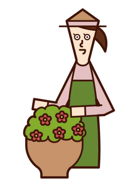 Illustration of a woman caring for flowers