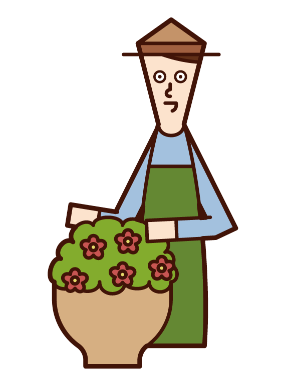 Illustration of a person (man) caring for flowers