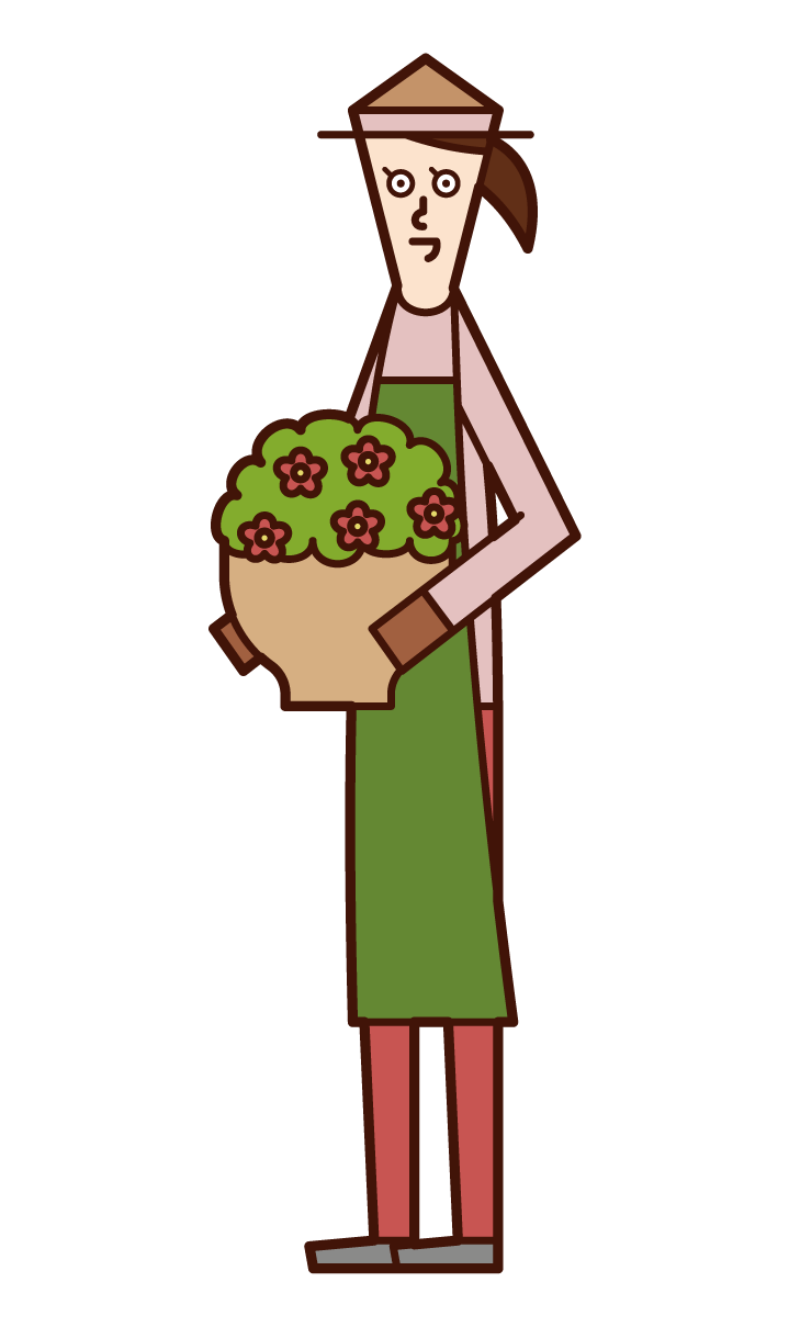 プランターに苗を植える人（女性）のイラスト