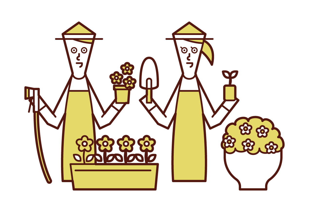 Illustration of a couple gardening