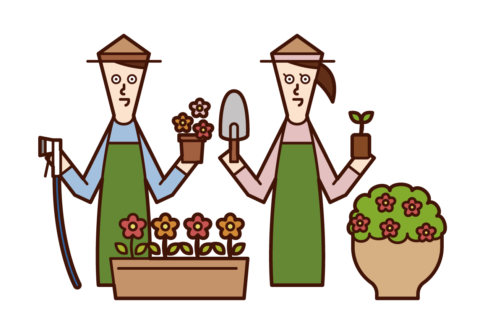 Illustration of a couple gardening
