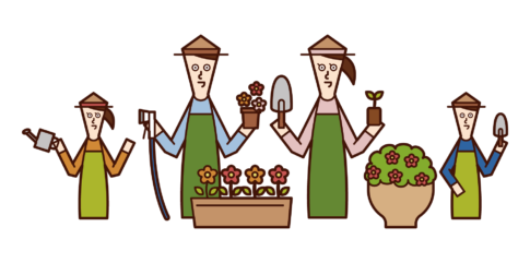 Family illustration enjoying gardening