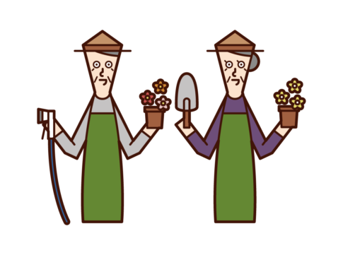 Illustration of an elderly couple enjoying gardening