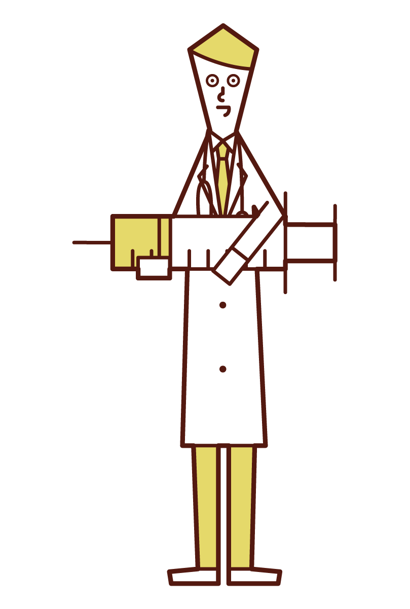 Illustration of a doctor (male) with a large syringe