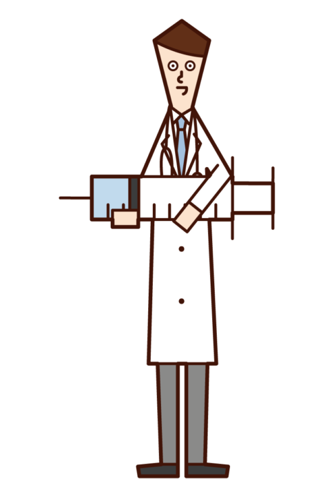 醫生（男性）與大注射器的插圖
