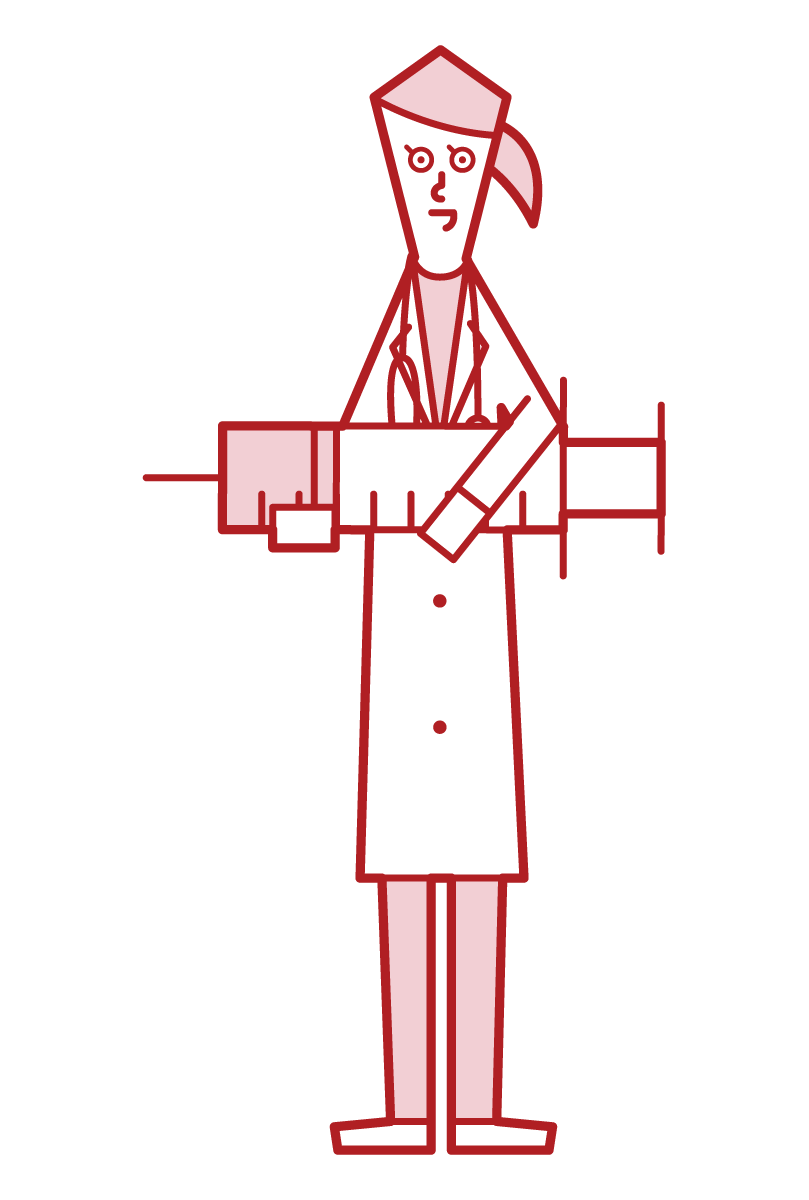 醫生（女性）與大注射器的插圖