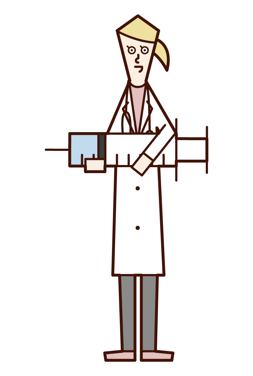 醫生（女性）與大注射器的插圖