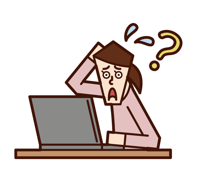 Illustration of a woman who does not know how to use a computer