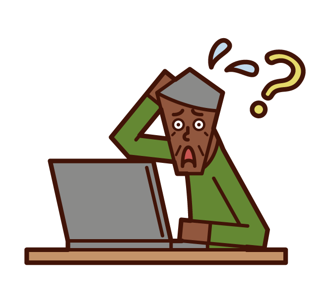 Illustration of a person (old man) who does not know how to use a pc
