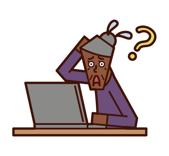 Illustration of a person (grandmother) who does not know how to use a personal computer