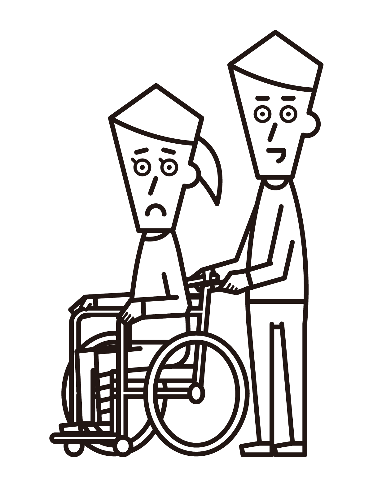 腿骨折坐在輪椅上的人（女性）的插圖