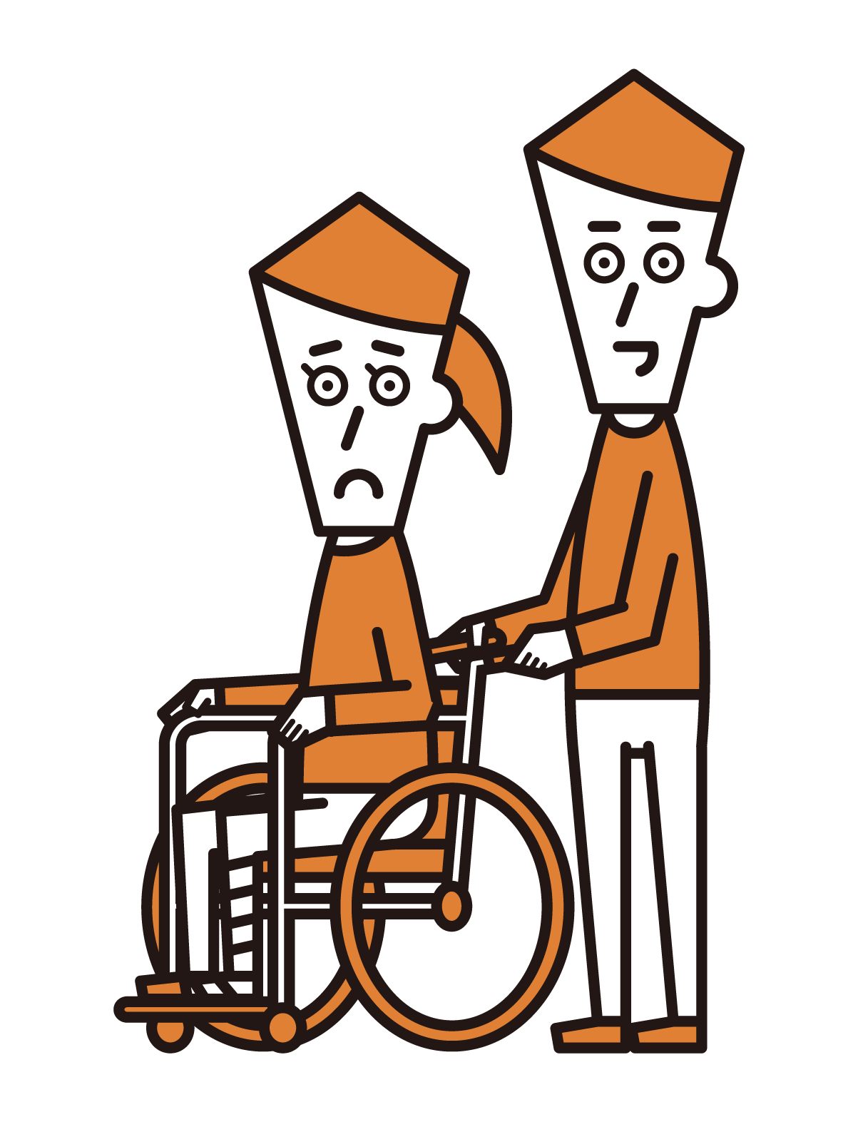 脚を骨折して車椅子に乗っている人（女性）のイラスト