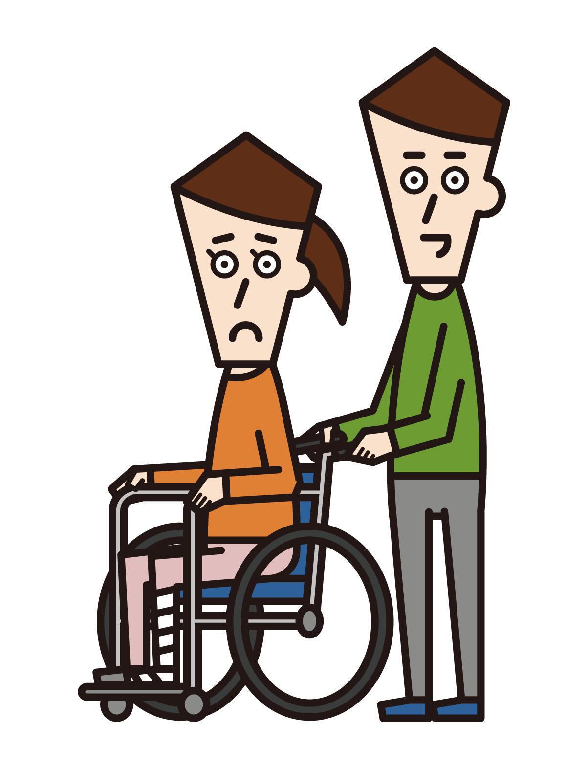 다리 골절로 휠체어에 앉아있는 사람 (여성)의 그림