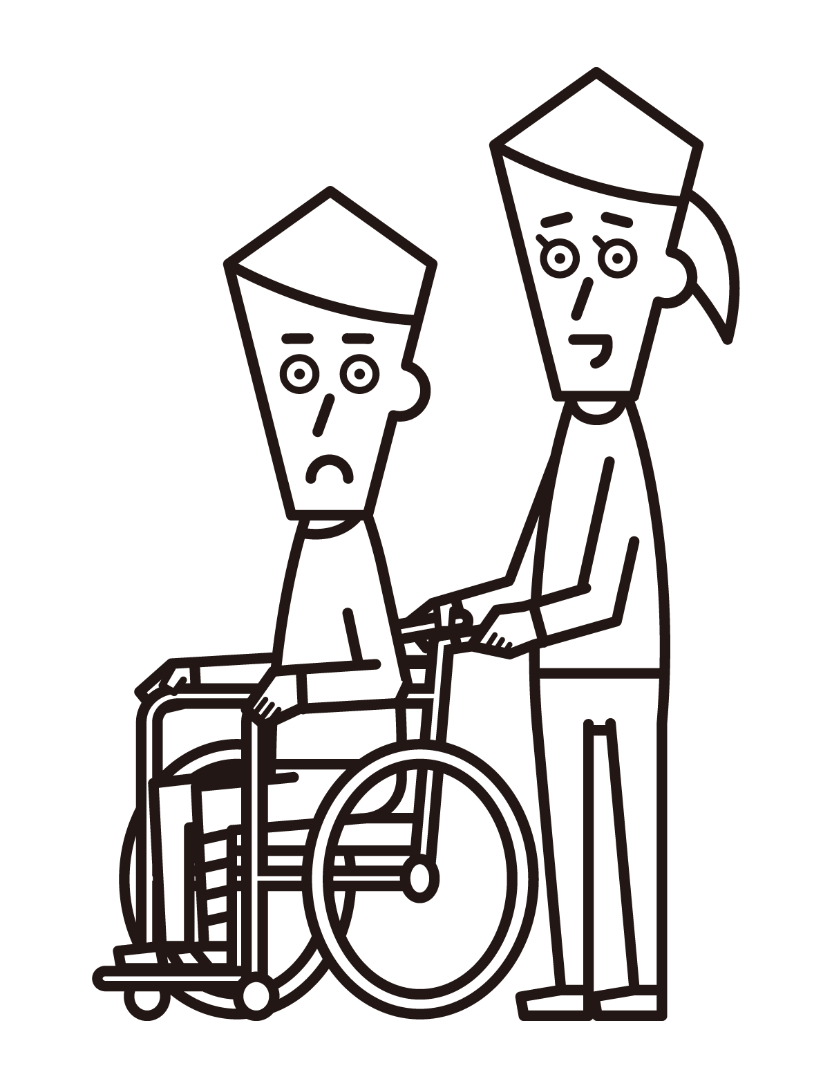 脚を骨折して車椅子に乗っている人（男性）のイラスト