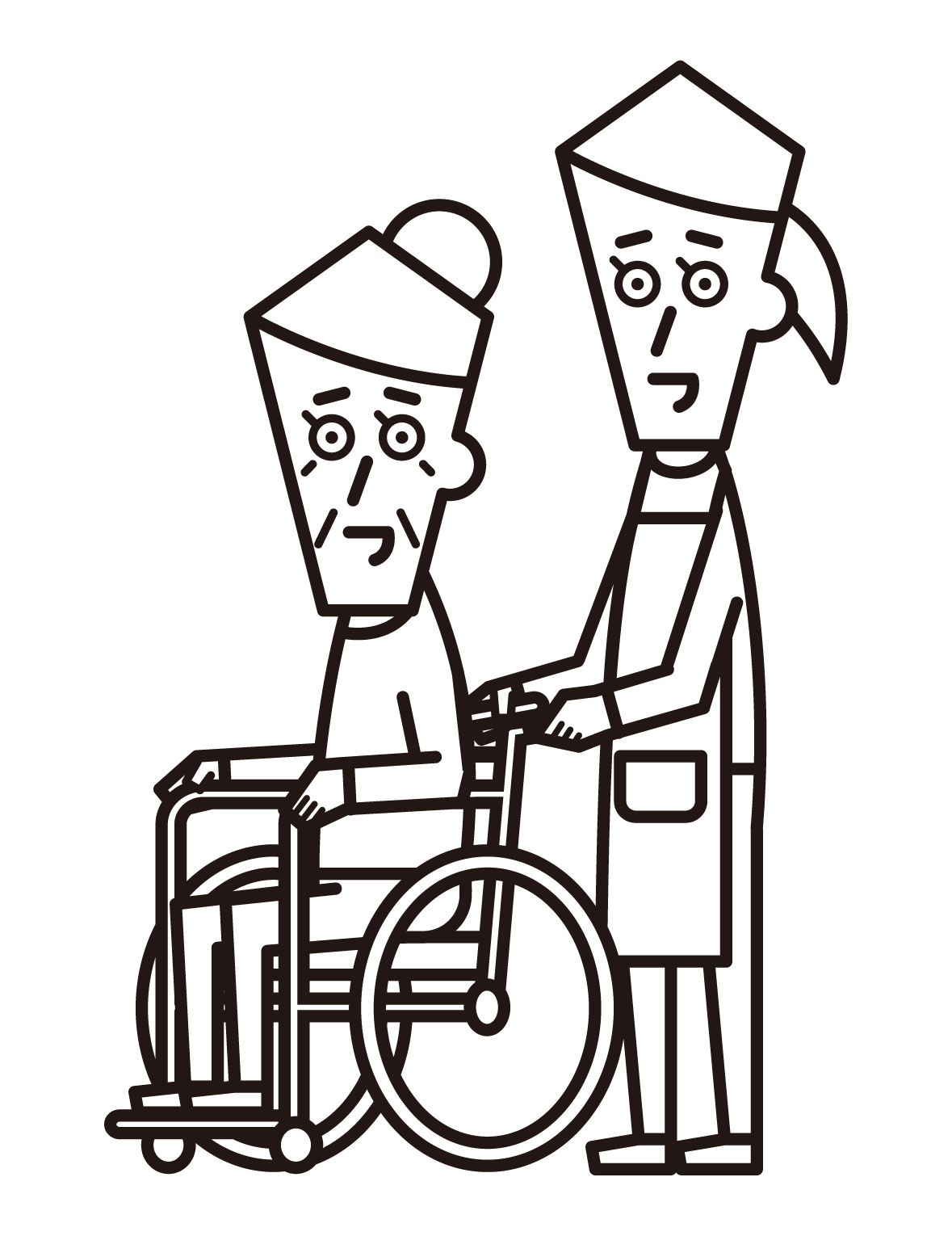 車椅子に乗っている人（おばあさん）と押す訪問介護員（女性）のイラスト