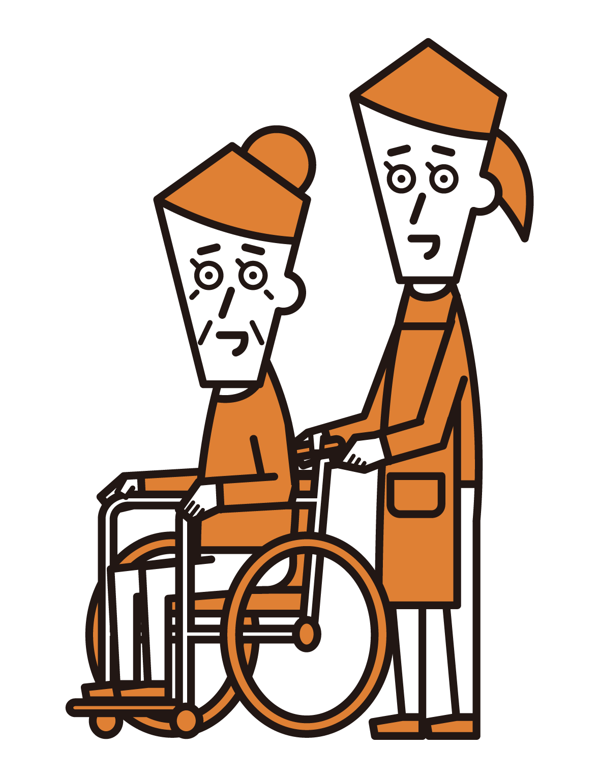 Illustration of a person in a wheelchair (grandmother) and a visiting caregiver (female) pushing