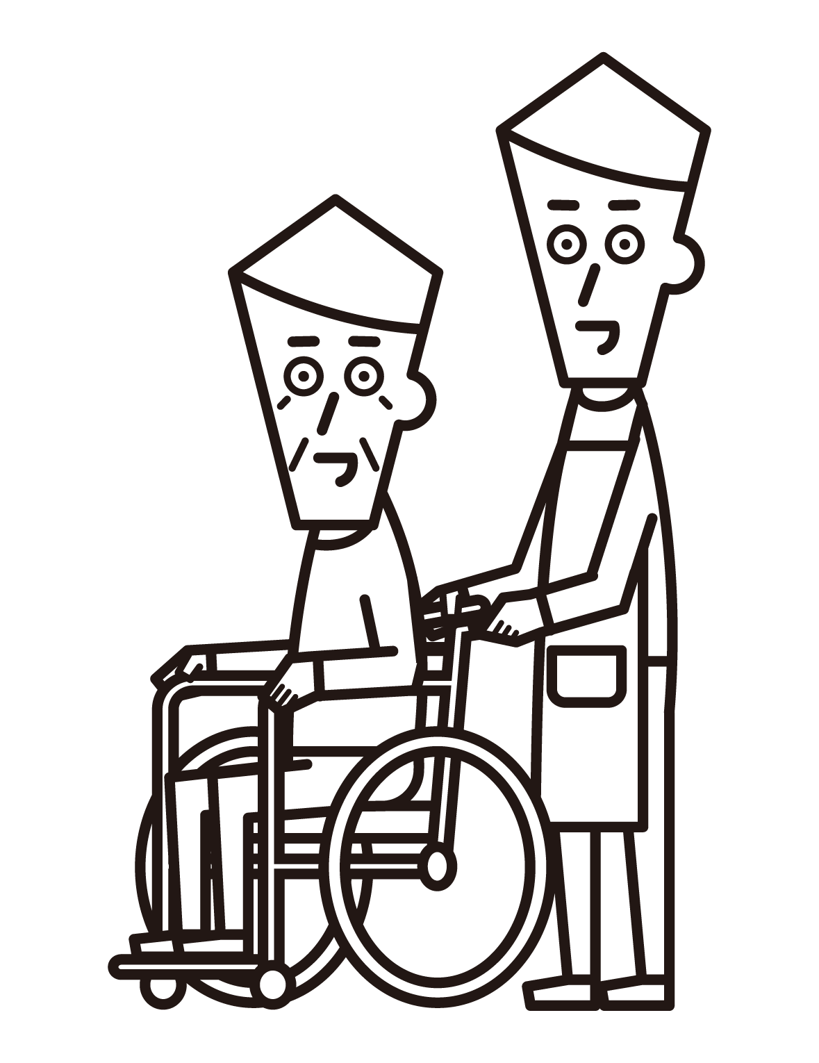휠체어를 탄 사람(할아버지)과 방문 간병인(남성)이 밀고 있는 모습