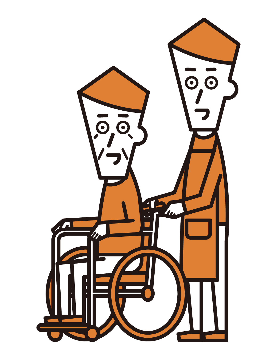 Illustration of a person in a wheelchair (grandfather) and a visiting caregiver (male) pushing