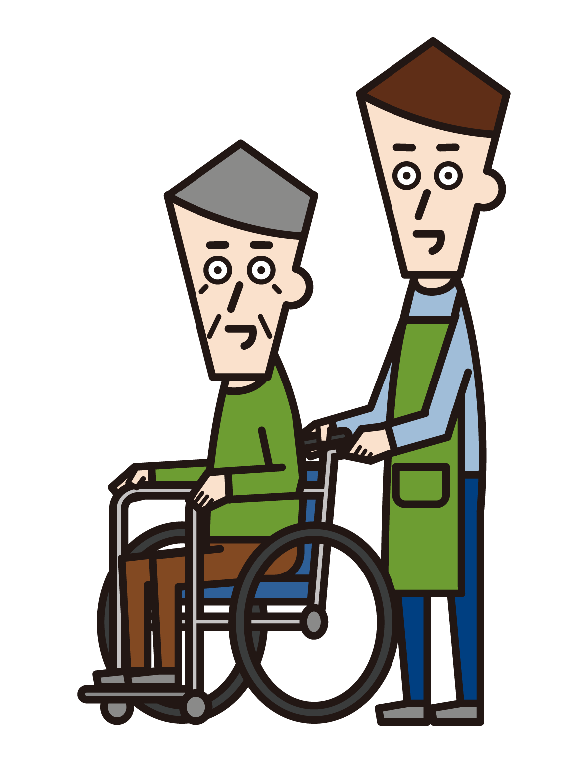 휠체어를 탄 사람(할아버지)과 방문 간병인(남성)이 밀고 있는 모습