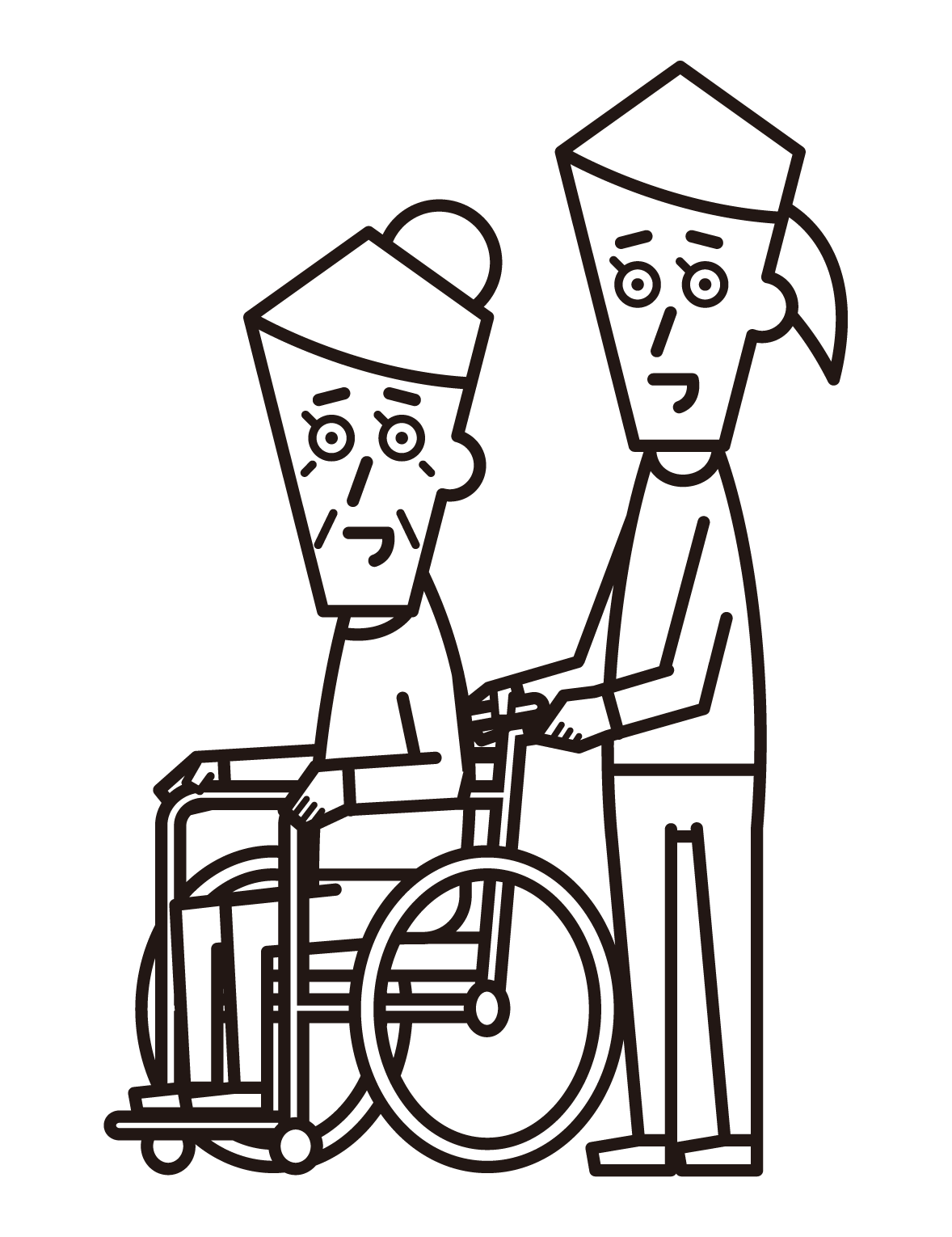 坐在輪椅上的人（祖母）和推人（女性）的插圖
