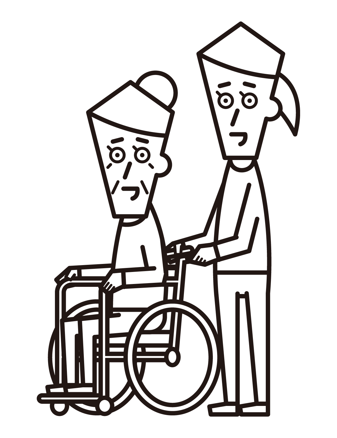 Illustration of a person in a wheelchair (grandmother) and a pusher (female)