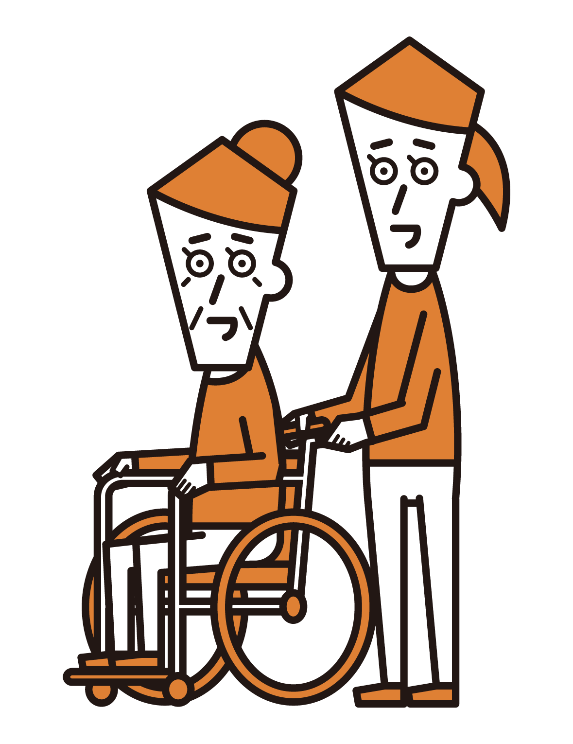 Illustration of a person in a wheelchair (grandmother) and a pusher (female)