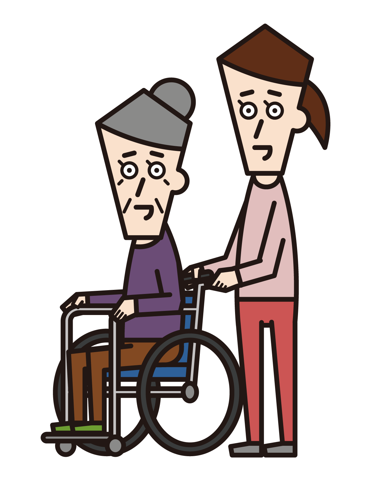 車椅子に乗っている人（おばあさん）と押す人（女性）のイラスト