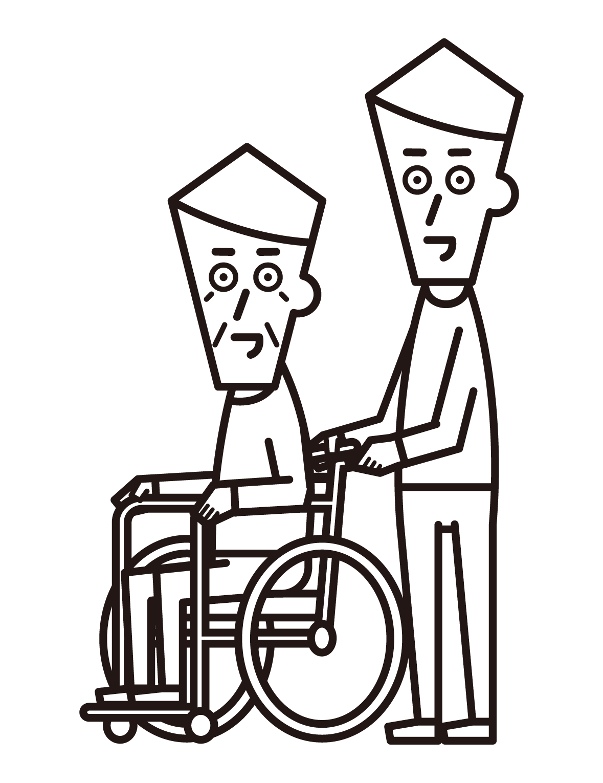 Illustration of a person in a wheelchair (grandfather) and a pusher (male)