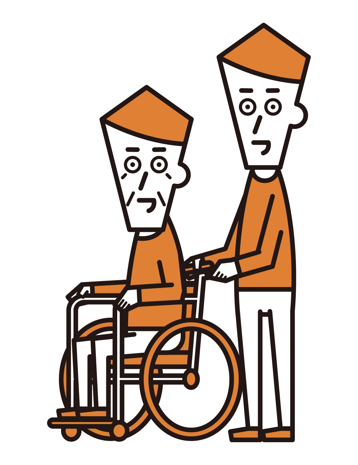 車椅子に乗っている人（おじいさん）と押す人（男性）のイラスト