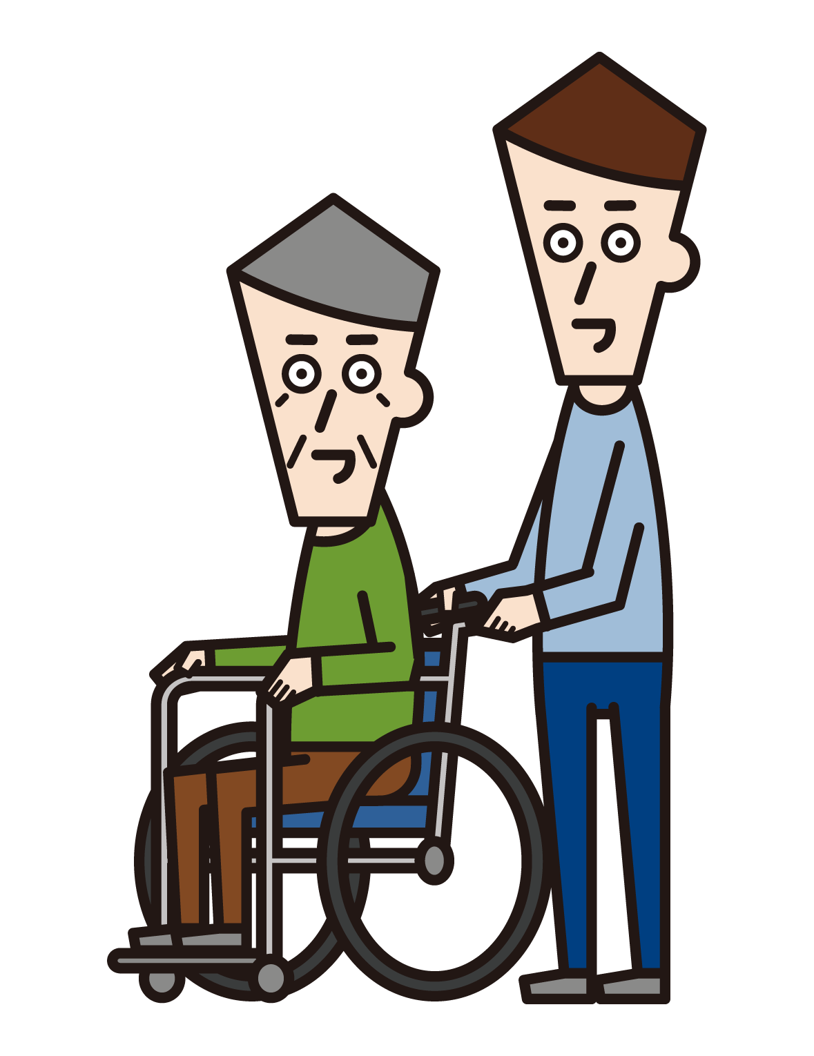 Illustration of a person in a wheelchair (grandfather) and a pusher (male)