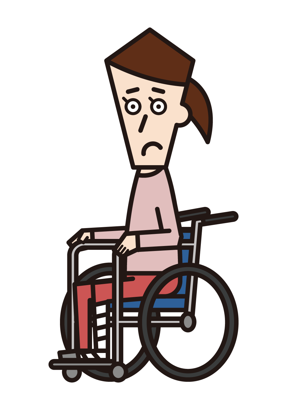 脚を骨折して車椅子に乗っている人（女性）のイラスト