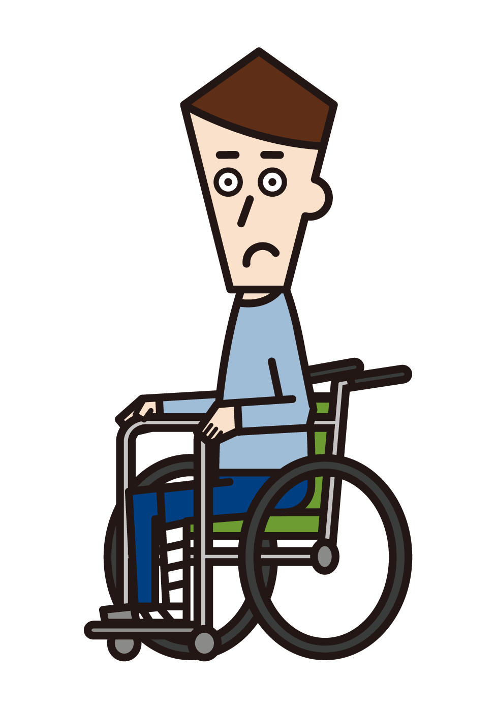 脚を骨折して車椅子に乗っている人（男性）のイラスト