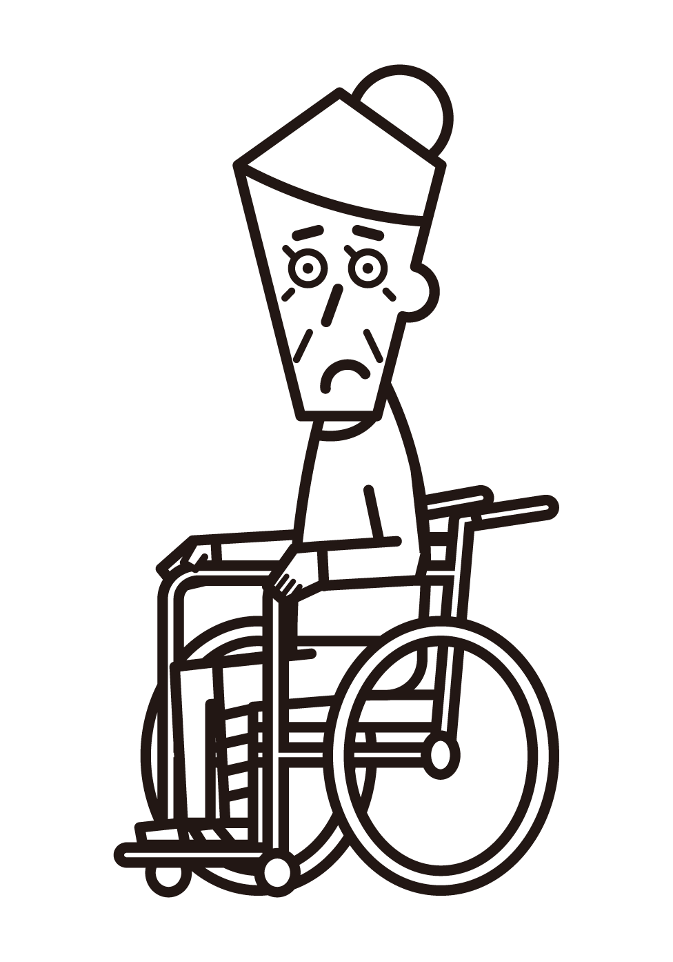 一個斷腿坐在輪椅上的人的插圖