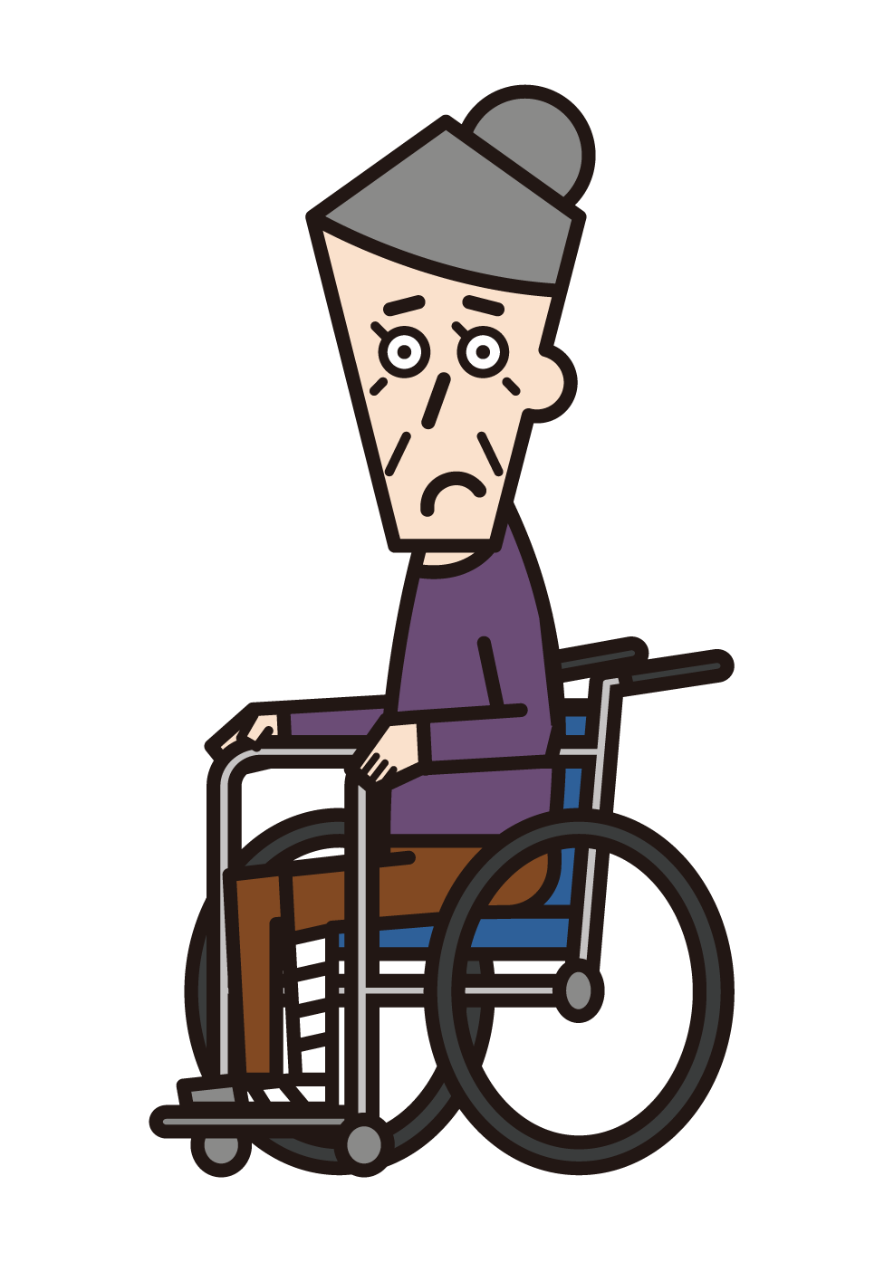 다리가 부러진 휠체어를 탄 사람(할머니)의 그림