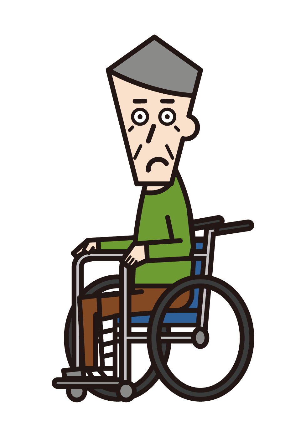 脚を骨折して車椅子に乗っている人（おじいさん）のイラスト