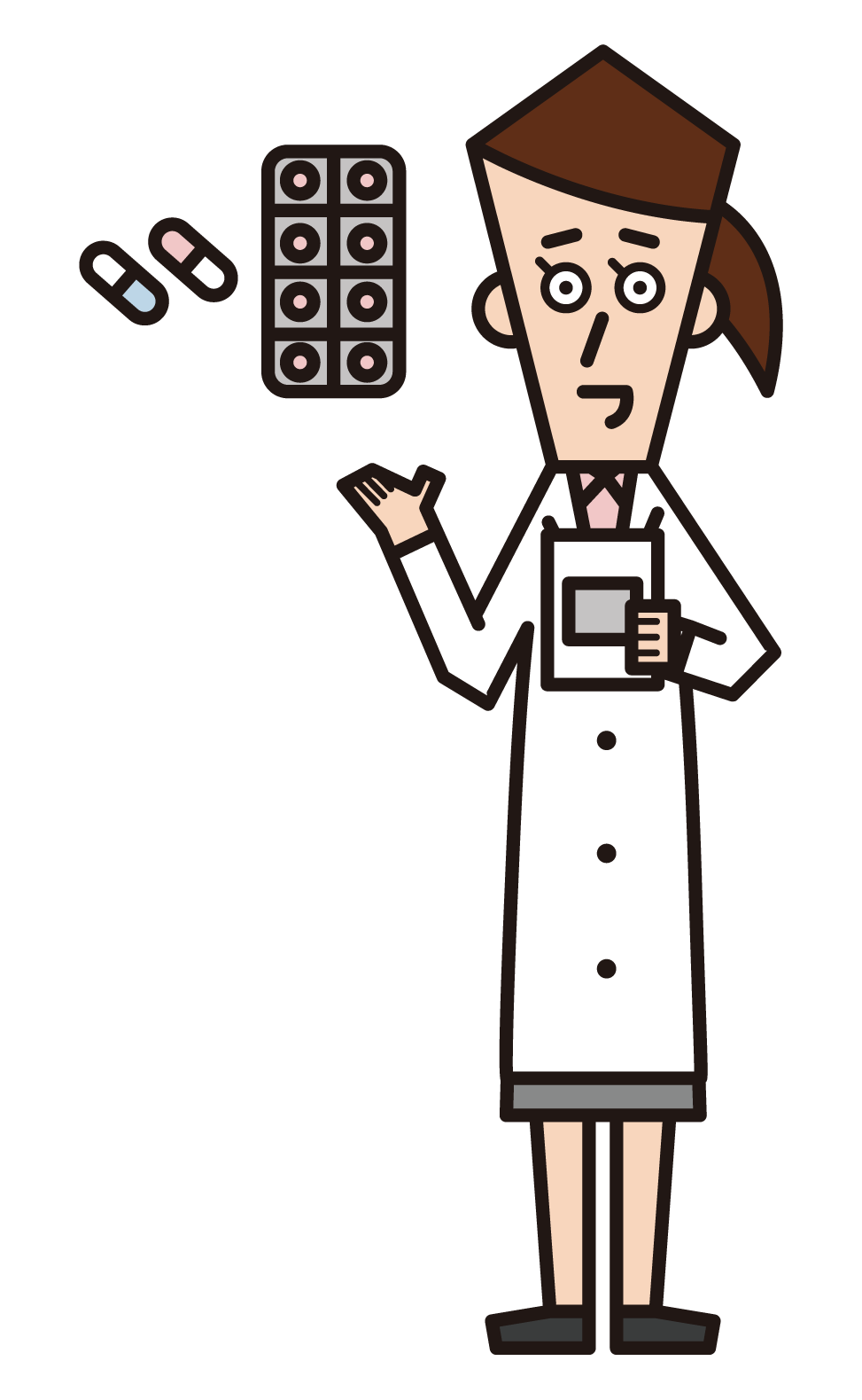 Illustration of a pharmacist (female) prescribing medicine