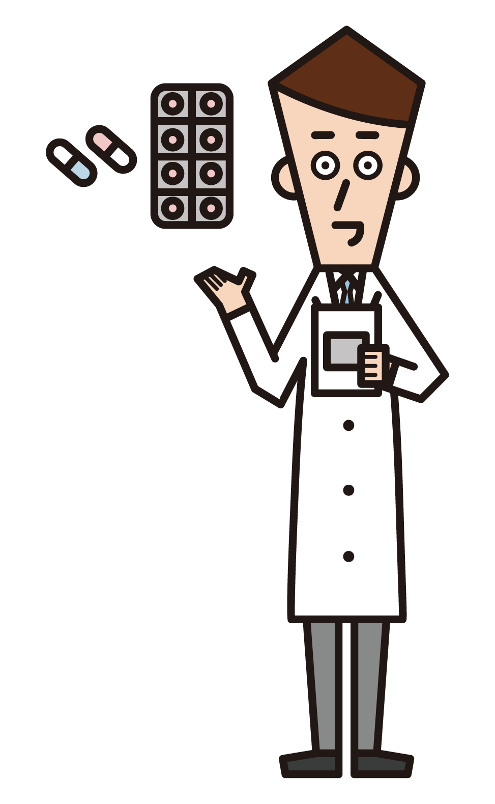 Illustration of a pharmacist (male) prescribing medicine