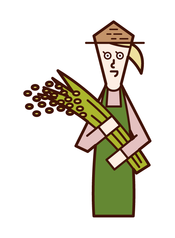 稲刈りをする人（女性）のイラスト