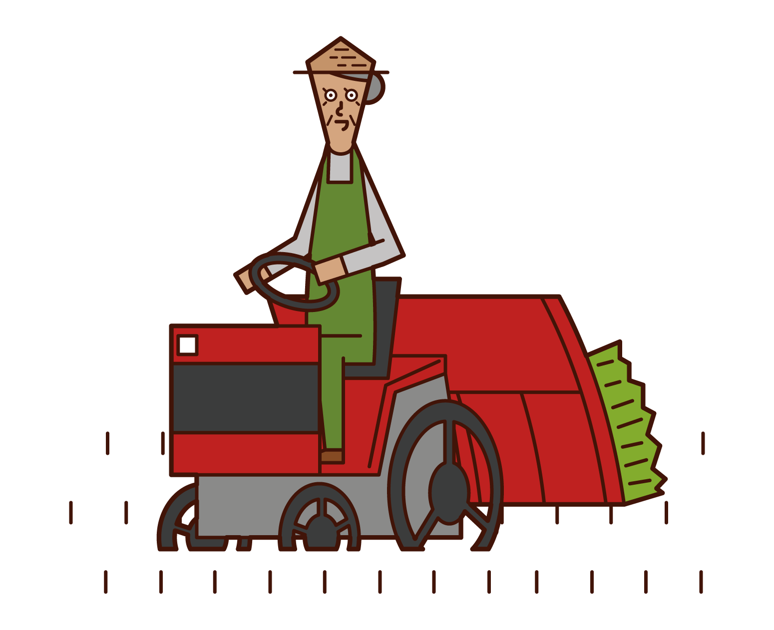 Illustration of an old man driving a ride rice planting machine