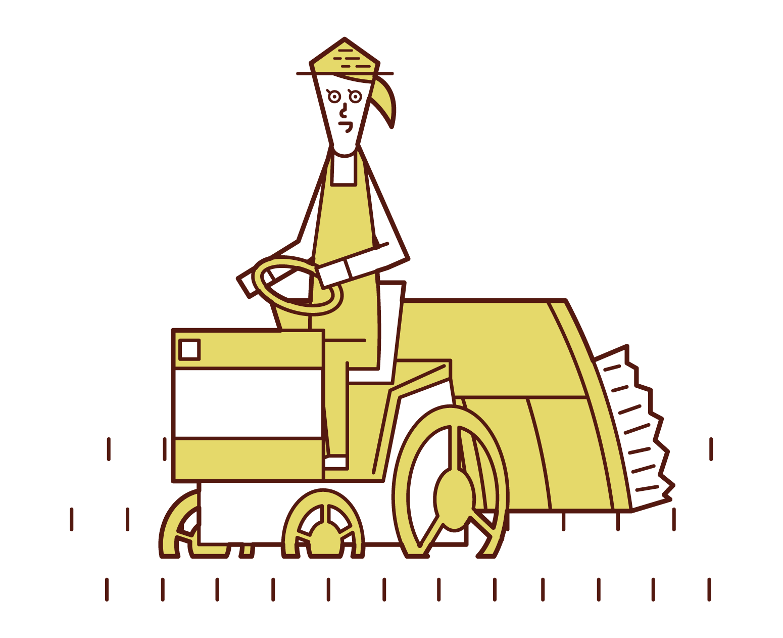 Illustration of a woman driving a ride-on rice planting machine