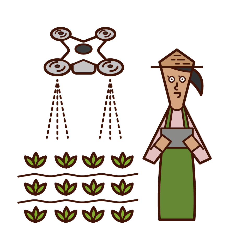 Illustration of a woman spraying pesticides with a drone