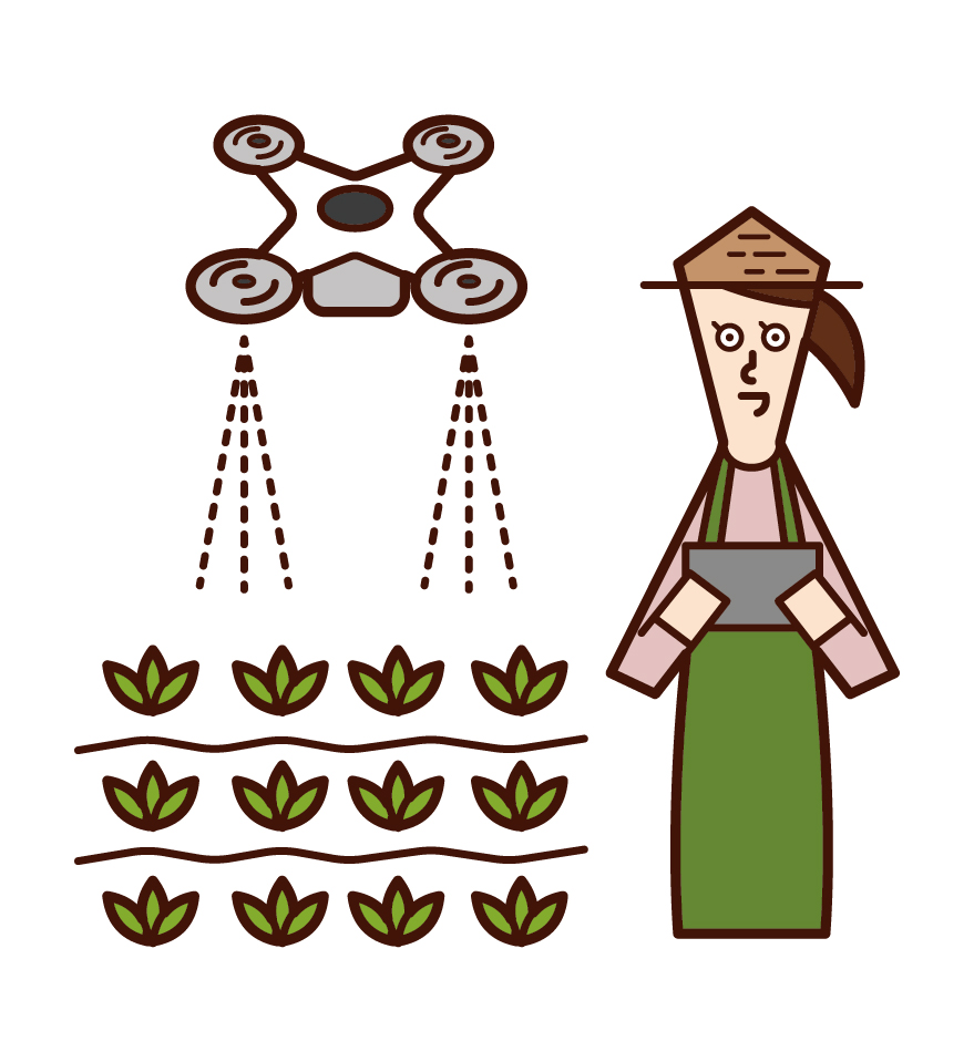 ドローンで農薬を散布する人（女性）のイラスト