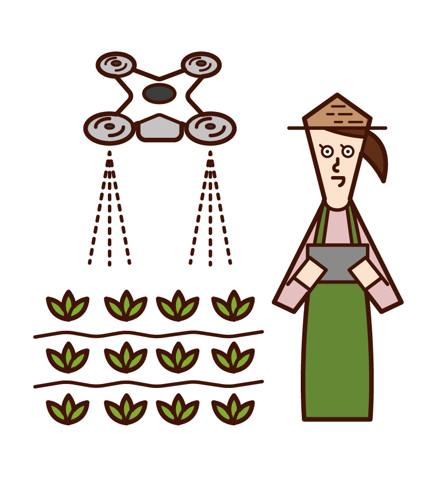 ドローンで農薬を散布する人（女性）のイラスト