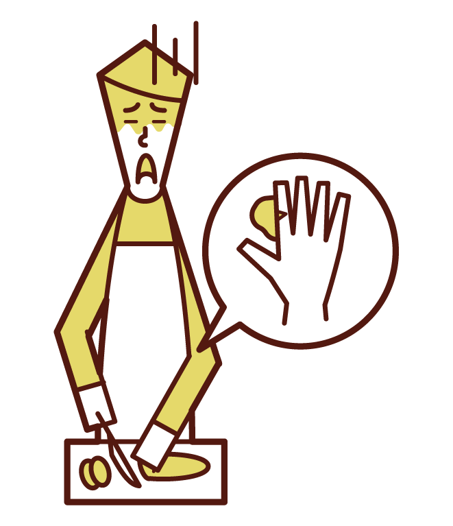 用菜刀不小心割傷手指的人（男性）的插圖