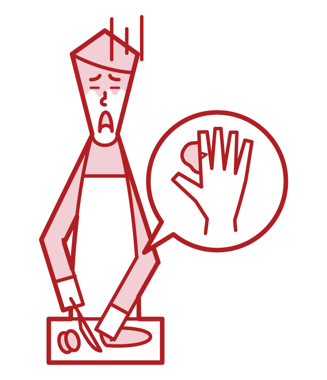 用菜刀不小心割傷手指的人（男性）的插圖