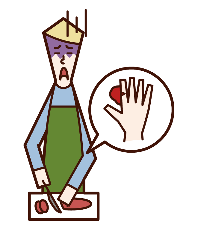 부엌칼로 실수로 손가락을 자르는 사람 (남성)의 그림