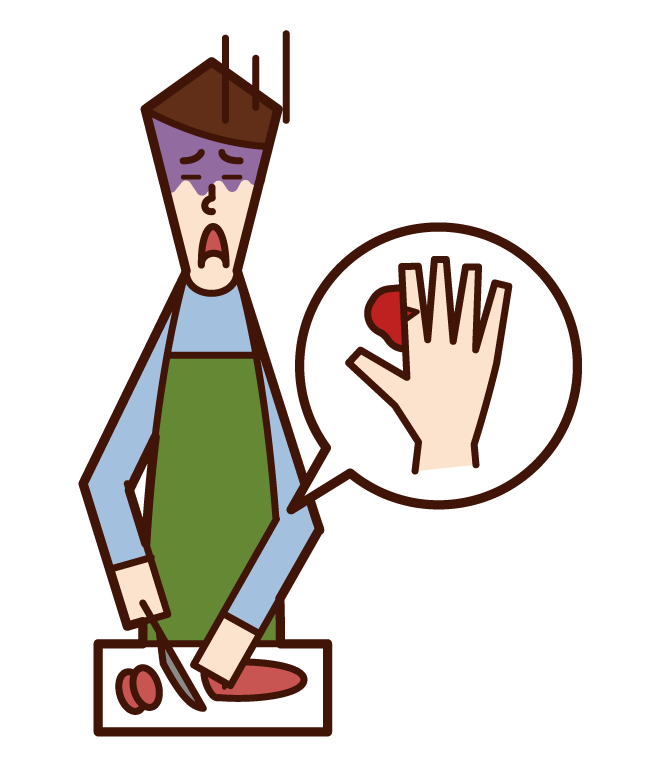 Illustration of a man who accidentally cut his finger with a kitchen knife